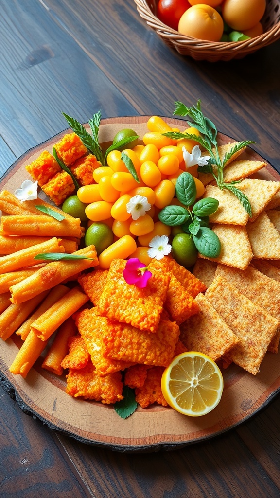 A colorful assortment of Indonesian snacks including Kue Cubir, Kerupuk, Pisang Goreng, and Kue Lapis on a wooden platter.